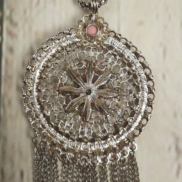 Colorful Round Medallion Pendant with Tassels on Long Silver Tone Chain Necklace - Picture 7 of 7